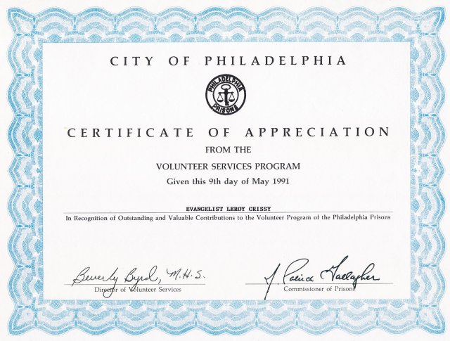 Philadelphia Certificate of Appreciation
