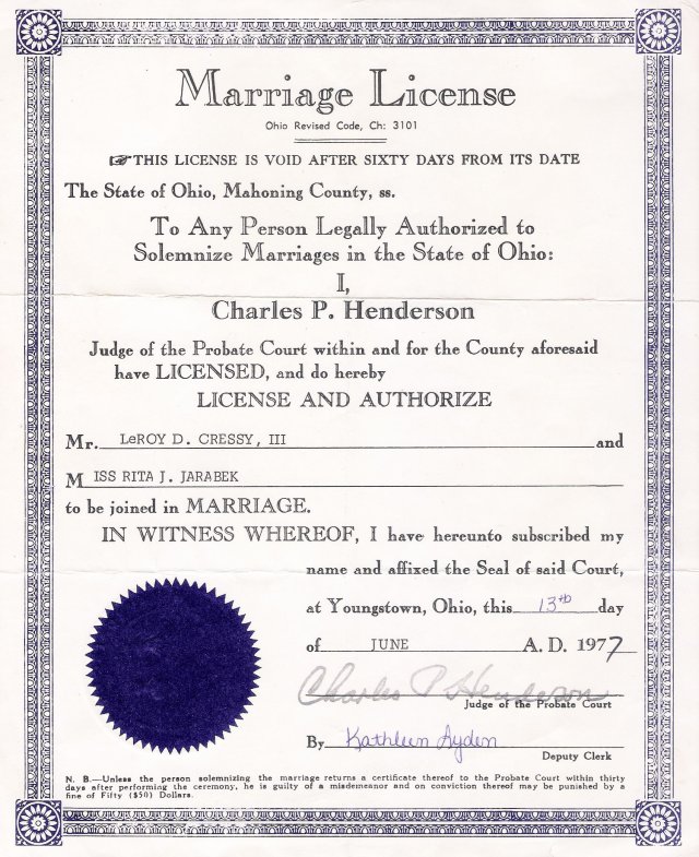 Rita and LeRoy D. Cressy III Marriage License