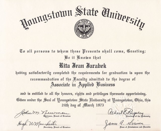 Rita's Diploma from Youngstown University